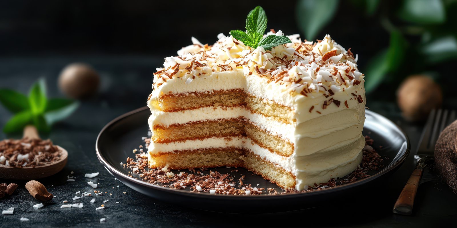 Delicious layered cake with coconut and cream frosting served on a dark plate in a cozy setting